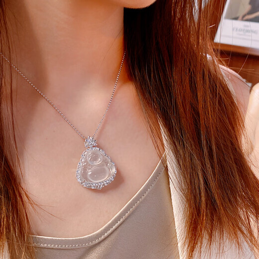 SGE Chalcedony Buddha Necklace for Women with Big Belly Maitreya Buddha Pendant New Chinese Style Clavicle Chain as a Gift for Mom in the Year of the Snake. Chalcedony Buddha Necklace
