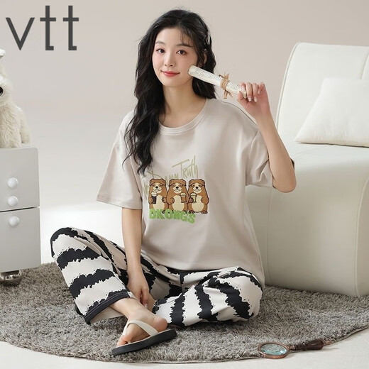 VTT睡衣女夏季纯棉短袖长裤薄款全棉夏天圆领家居服套装可外穿 V短袖长裤：YZT9721 M