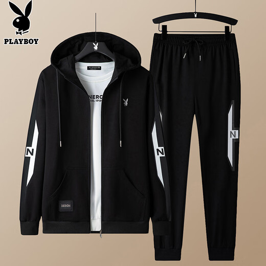 Playboy (PLAYBOY) sweatshirt men's suit men's autumn and winter long-sleeved T-shirt men's jacket men's tops trendy three-piece set black gray XL