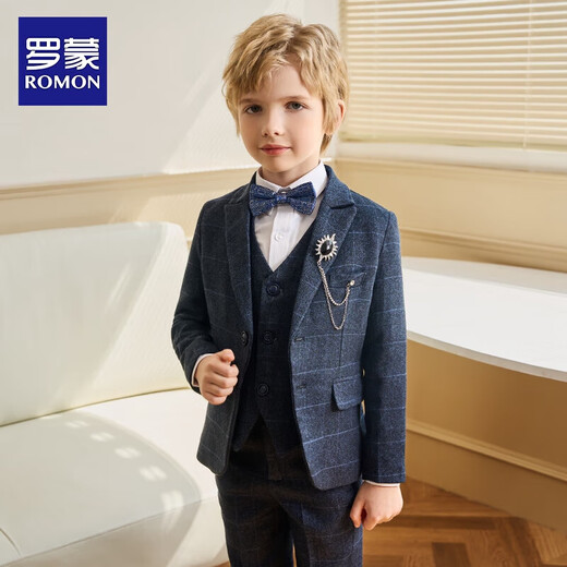 罗蒙儿童西装套装男童主持人花童礼服演出服 蓝线格五件套 130