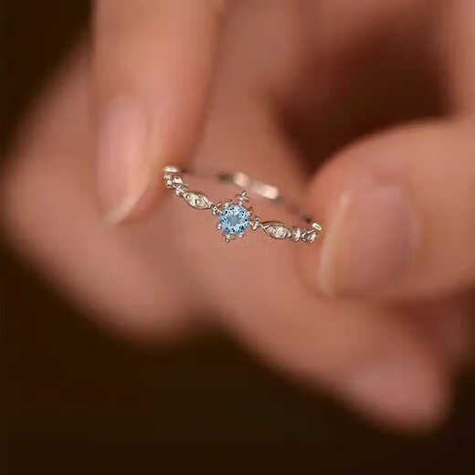 DR-FLVVS Fat Donglai's same aquamarine ring ins niche design 925 silver agete female Japanese light luxury snowflake opening platinum aquamarine ring opening adjustable