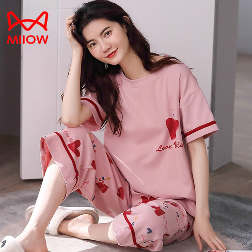 Cat Man (MiiOW) pure cotton pajamas for women in 2025 new summer short-sleeved cropped pants thin casual outdoor wear suit 7 points: 677 colored duck women XXXL