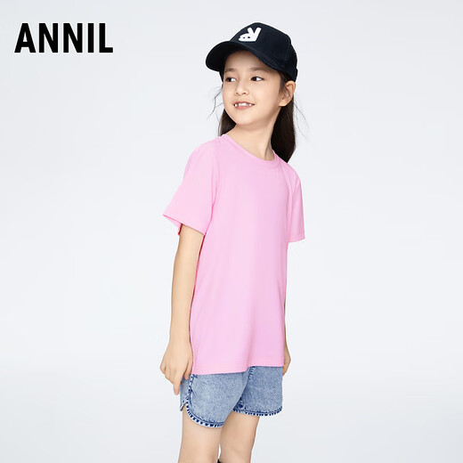 Annair shopping mall same style boys and girls round neck short-sleeved sweater T-shirt 2024 summer new casual sun protection top puff powder 160cm