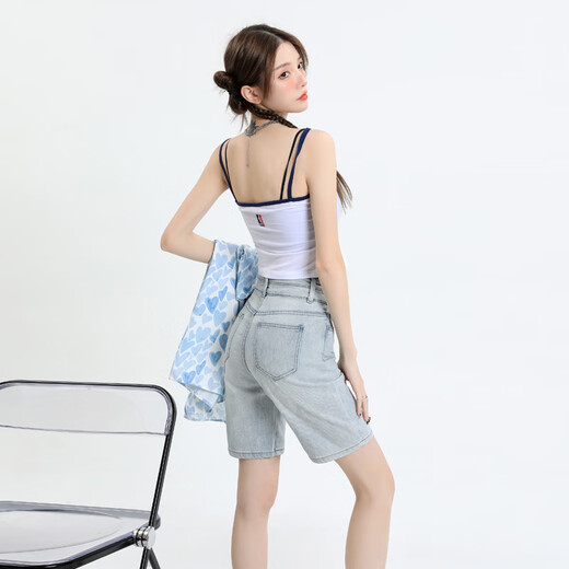 HMRSV2025 NEUER NEUE High-T-Fünf-Punkte-Denim-Shorts für Frauen losen und schlankes Retro-Design mittelgroße Hose Trendy Moonlight Blue-H9930 M Empfohlenes Gewicht 99-109jin [Jin entspricht 0,5 kg]