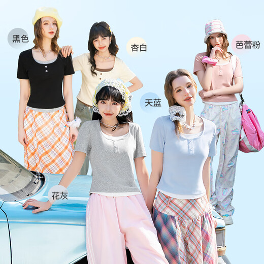 雪中飞短袖t恤女2025夏季新款学院风假两件上衣学生休闲体恤衫 浅花灰898F (清爽花) L (165/88A)