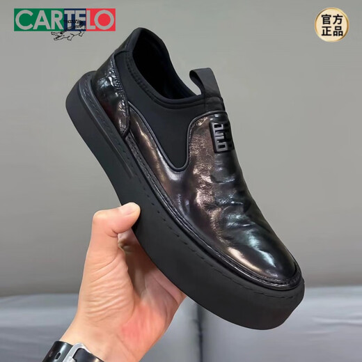 CARTELO first-layer cowhide trendy brand men's shoes 2025 autumn new slip-on cowhide business casual shoes genuine leather thick sole 80195 black 41 standard leather shoe size