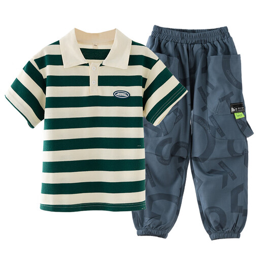 
McTicco boys summer suit new children's summer sports polo short-sleeved pants fashionable and handsome big boys 9850 stripes + 5730 dark gray suit 140