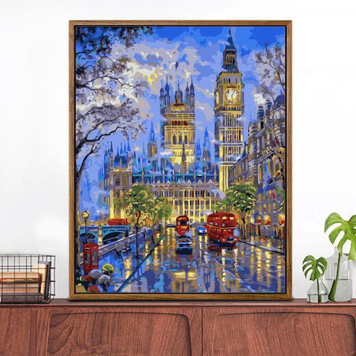 数字油画高难度地狱级钢琴世家diy手工填色绘画礼物华灯初上客厅 ZL679茶屋 40*50送外框黑白金颜色备注