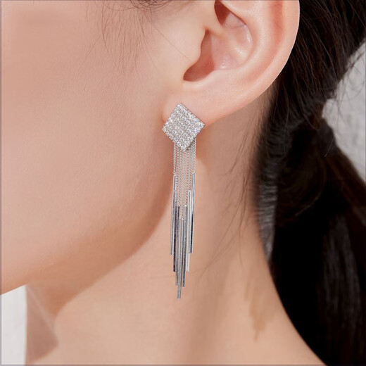 JiuChangShi 99 sterling silver earrings for women square rhombus shining tassel earrings temperament long birthday gift for girlfriend sparkling diamond rhombus earrings 99 pure silver