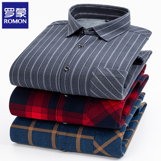 Romon Warmit Shirt Men's Plus Velvet épaissis Business Casual et sans fer Integrated Velvet Velvet Loose Plus Taille Vêtements pour hommes 9902 Grille bleu bordeaux XL [Recommandé 120-135 Jin [Jin est égal à 0,5 kg]]]