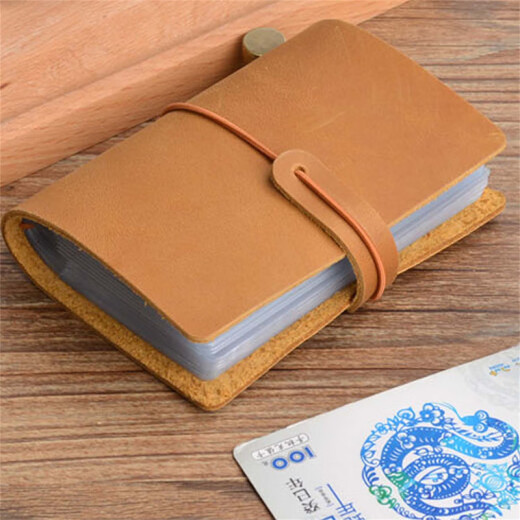 AIGUONIU large capacity card bag genuine leather bank card storage clip simple creative retro top layer cowhide storage bag business card clip oil wax leather camel color/camel