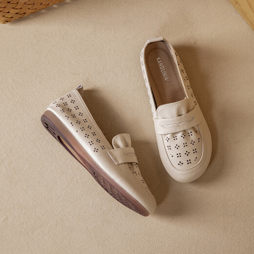 
Kanglibi genuine leather soft sole mother shoes single shoes middle-aged and old comfortable and not tired leather shoes middle-aged and old young and non-slip women's shoes spring and autumn style 677 hole style beige soft sole soft surface very comfortable 36