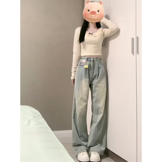 灿图美式高街阔腿牛仔裤女春夏季小个子宽松显瘦高腰直筒休闲长裤子女 浅蓝色 XL
