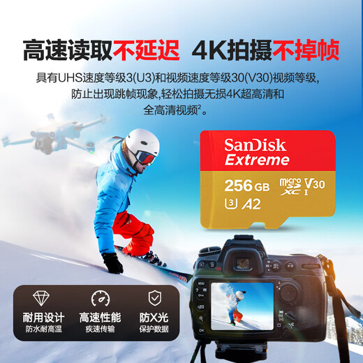 闪迪（SanDisk）256GB TF(MicroSD)内存卡 4K极速金卡A2 V30 U3行车记录仪 运动相机无人机 监控存储卡 读190MB/s
