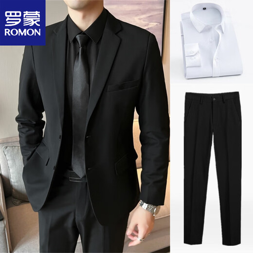 ROMON Suit Jacket Men's Slim Suit Casual Business Professional Formal Wear Handsome Groomsman Suit Two-piece Black Suit+Pants+White Shirt+Tie XL
