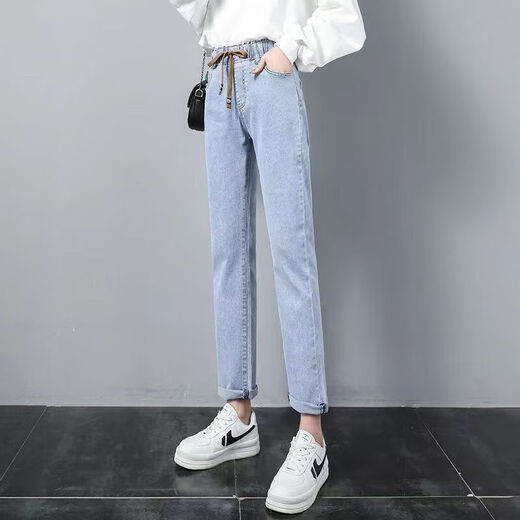 张饭雨月袖小直筒牛仔裤女松紧腰春款2023年新款高腰显瘦弹力裤子修身烟 9928款蓝灰色 S  建议85-95斤