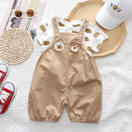 哈罗小黄鸭HAL.DUCK小黄鸭儿童兄妹短袖套装男女童姐弟装夏季婴幼儿夏装背带裤两件套 棕色-女童背带裙短袖套 80cm 均码