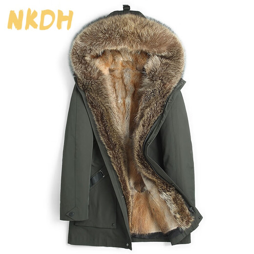 NKDH brand parka men's winter hooded raccoon fur integrated fur coat mink liner workwear warm fur coat green + American raccoon liner rex rabbit fur sleeves 2XL 180