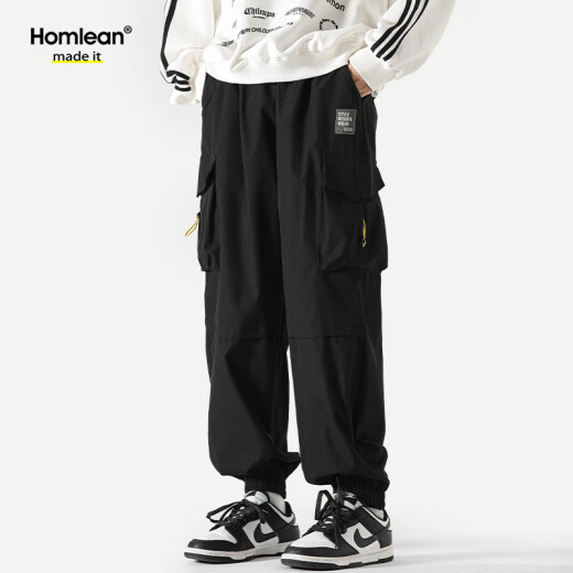 Homlean伞兵工装裤男春夏宽松街头百搭束脚运动休闲长裤子2227黑色XL