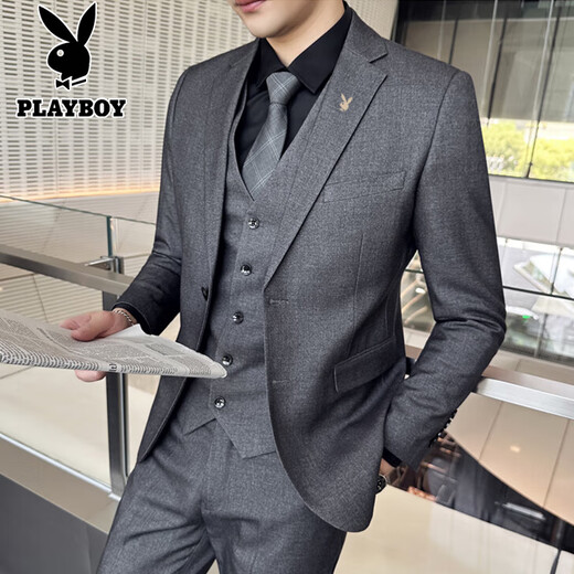 Playboy-Anzug Herrengeschäft Slim Anzug Professioneller Anzug kleiner Anzug Bräutiger Bester Mann Hochzeitskleid Dreiköpfig Set Black Double Button Anzug + Hose + Hemd + große Geschenktüte XL [115-130jin [Jin gleich 0,5 kg]]