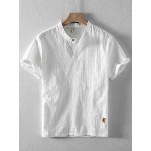 Jeep Spirit Jeep NUEVA Camiseta lineal de manga corta de hombres chinos Summer Collar de collar retro de algodón suelto de algodón suelto y línea de media manga Beige Marca de primera línea International de primera línea 2XL de primera línea