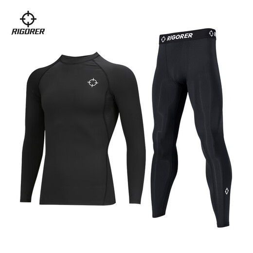 Men's fitness clothing, high elasticity, quick-drying, breathable basketball running sports suit, short-sleeved compression garment, bottoming bodysuit, pure black ZZ1601134+ZZ1601135 long sleeves+trousers XL
