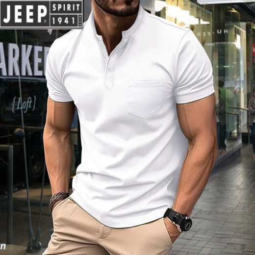 JEEP SPIRIT2025 new American retro solid color short-sleeved T-shirt top European and American summer men's fashion Henry neck half-sleeved shirt gray XL
