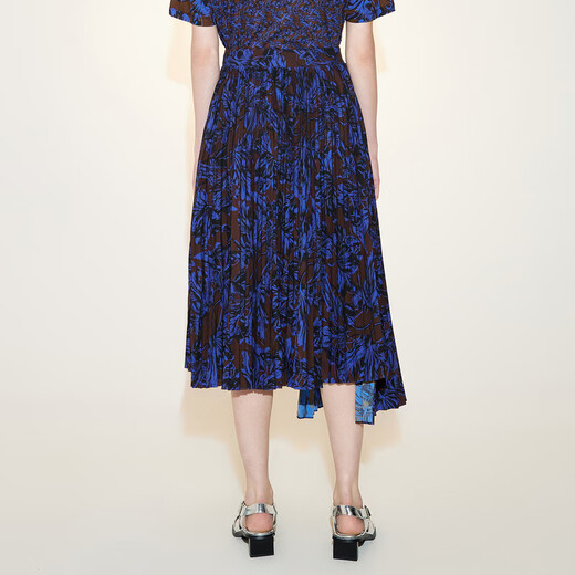 
LESS [Seiko Series] Spring and Autumn Printed Skirt for Women Three-dimensional Pleated A-line Half-length Skirt 2N3D12530 496/Blue Coffee Combination M