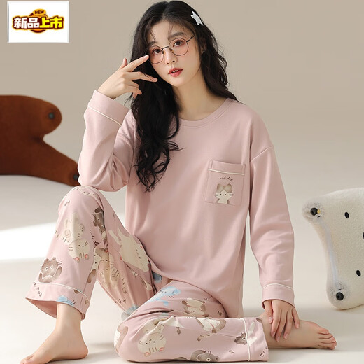 梦莲娅睡衣女春秋款长袖棉粉色卡通猫咪印花甜美学生家居服套装 o693a M 码(适合体重80-100斤)