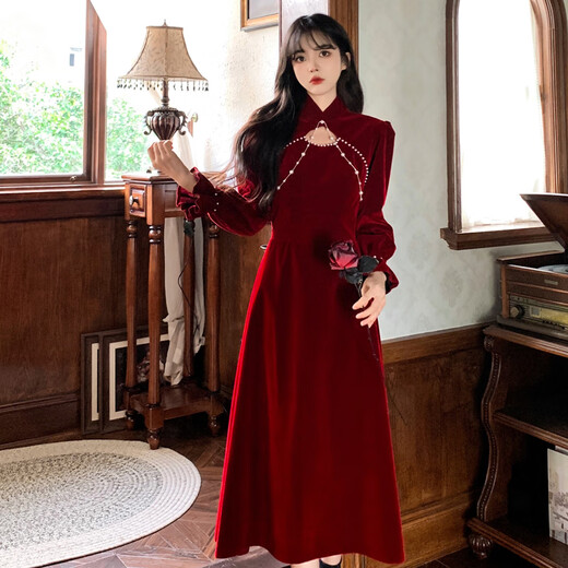 YIOU Cheongsam Toast Wear Bridal Autumn and Winter Engagement Evening Dress Skirt for Women Red Chinese Velvet Feel Autumn and Winter 3507 Red S