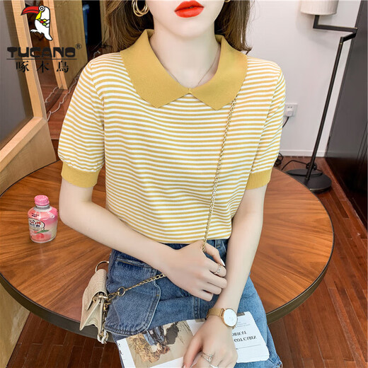 Cuello de muñeca rayada de carpintero Camiseta de miética de seda de hilo de altura de manga corta Sweet Sweater Sweater Sweater delgada pequeña DX691# Amarillo S RECOMENDO 80-100JIN [Jin iguala 0.5 kg]