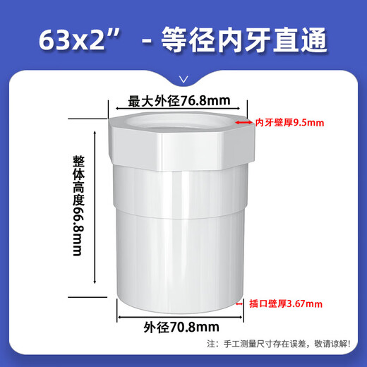 Customized PVC inner wire direct internal thread straight through thread internal thread connector 4 minutes 20 25 32 40 50 63 75mm white inner diameter 63* thread 2 inches