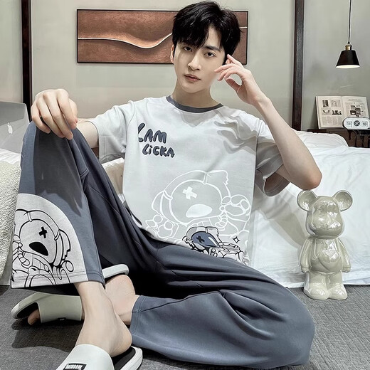 
JUNJUNSUIDIMEI Men's pajamas summer pure cotton short-sleeved trousers cartoon teenagers spring and autumn summer thin large-size home clothing set short-length-WB-671 Dingdang Cat L standard (high 165-170 100-125Jin [Jin equals 0.5 kg])