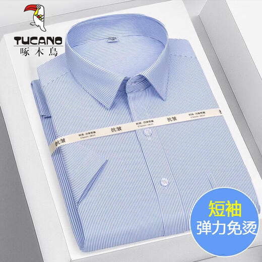 啄木鸟（TUCANO）衬衫男2025夏季短袖上衣男士商务正装衫免烫休闲衬衣男 829-1蓝小格短袖 3XL 42【160-170斤左右】