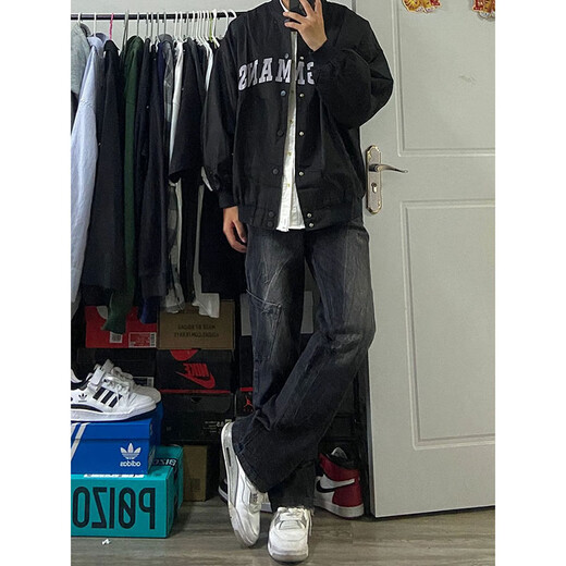 7 Jeans lavés américains de haute qualité pour hommes d'automne et d'hiver nouveau style large largeur tendance High Street Casual Straight Work Travail WKXS-K683 Black S