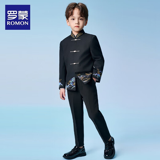 罗蒙男童中山装西装套装国风新中式西服民国儿童主持人演出服 黑色140