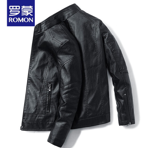 Romon Lederjacke Herrenherbst- und Winter Trendy Marke plus Samt Motorrad Lederständer Halsband Kleidung Frühling und Herbst hübsche Herrenkleidung 9923# Black XL 125-140jin [Jin gleich 0,5 kg]