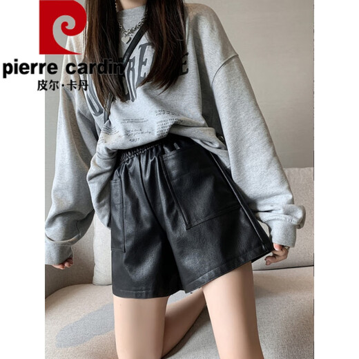 Pierre Cardin Leather Shorts Autumn and Winter Casual Pants Women's Loose Slim Elastic Waist PU Leather Pants Versatile High Waist Wear Wide Leg Pants Boot Pants Flower Bud Style 2XL