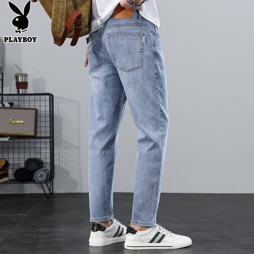 Playboy (PLAYBOY) jeans men's 2025 spring and autumn new trendy straight loose pants men's casual elastic Korean version of nine-point pants dark blue X-6115HH9901 28