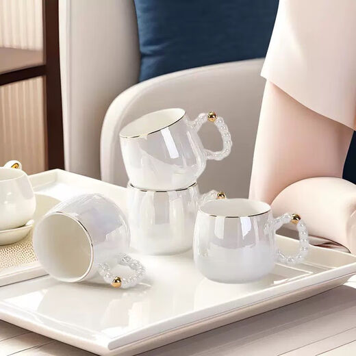 Cool season light luxury high-end housewarming ceramic water set tea cup household tea set Nordic living room teapot cup water cup complete set pearl high-end white 6 cups