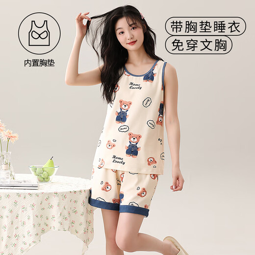 维多利亚的格调带胸垫一体睡衣女夏天纯棉薄款背心夏季女生无袖可外穿家居服套装 带胸垫背心套装-Y9859 M 女 建议80-100斤