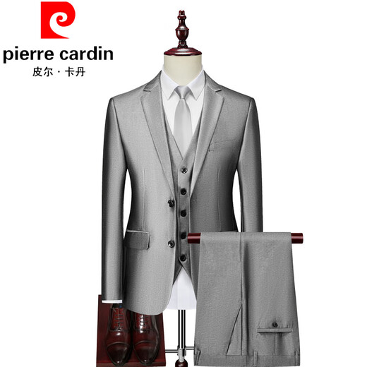 Pierre Cardin Silver Gray Glossy Suit Men's Korean Style Slim Three Piece Groomsmen Grooms Wedding Dress Business Formal Two Button Silver Gray Suit+Trousers S 165