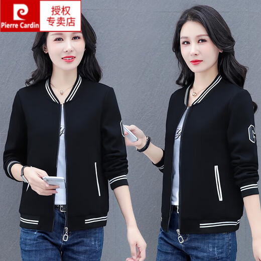 Pierre cardin spring round neck jacket for women 2024 new middle-aged casual short jacket spring autumn style mom baseball uniform dark blue [Spring and Autumn] jacket 6621 3XL [140160Jin [Jin equals 0.5 kg]]