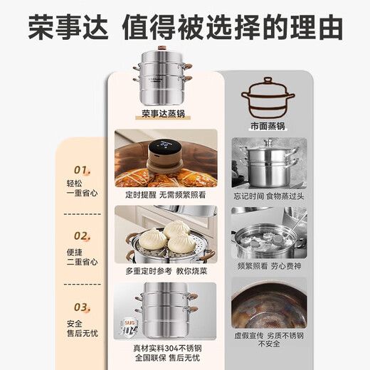 Royalstar timer steamer 304 thickened stainless steel soup pot household large capacity steamed buns steamed buns pot stew pot timer 99 minutes heightened arch cover 2 layers 28cm