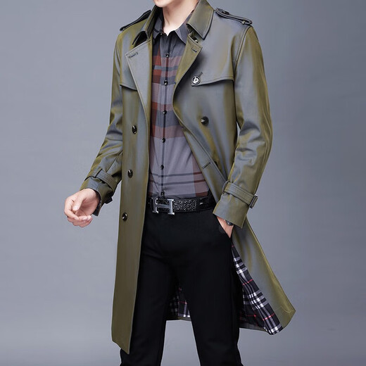 DIFANPU luxury high-end brand mid-length windbreaker men's business casual spring and autumn solid color lapel double-breasted commuter coat navy blue long 2XL 185