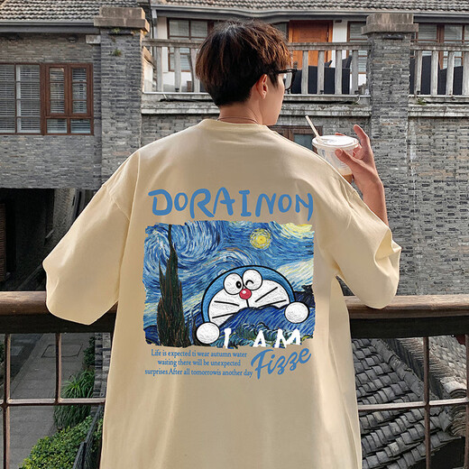Zhiwei Doraemon pure cotton short-sleeved T-shirt for men in summer Tinker Bell new heavyweight loose dolom cat half-sleeved trendy top T688 sky blue M [recommended 90-120Jin [Jin equals 0.5 kg]]