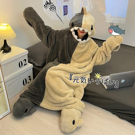 港莲娅鲨鱼睡衣女款秋冬搞怪连体睡袍情侣丑鱼男款珊瑚绒加厚 4840he 鲨鱼 不带鞋子 M
