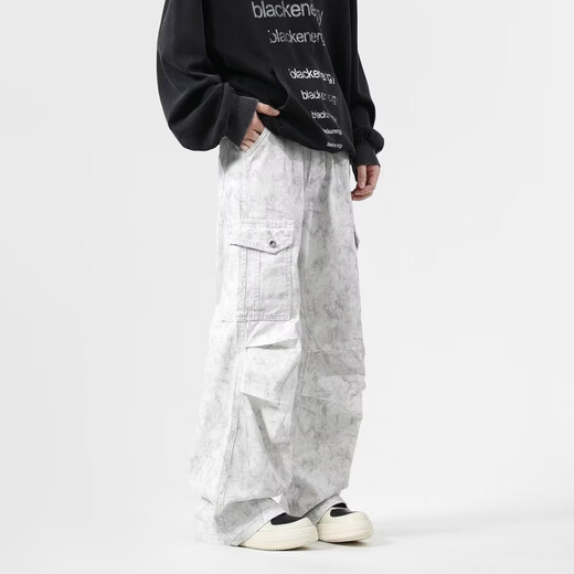 POUM American retro tie-dye workwear heavy jeans high street handsome wide-leg paratrooper pants trendy pleated dirty trousers dirty white regular XL 120-135Jin Jin is equal to 0.5 kg