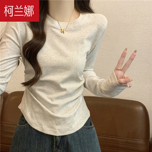 Koranna Pure Cotton Spring Autumn and Winter Slim Waist T-shirt Women's Long Sleeve Slim Short Round Neck Bottoming Top for Small People Floral Gray Long Sleeve M Recommendation 91-105 Jin Jin equals 0.5 kg