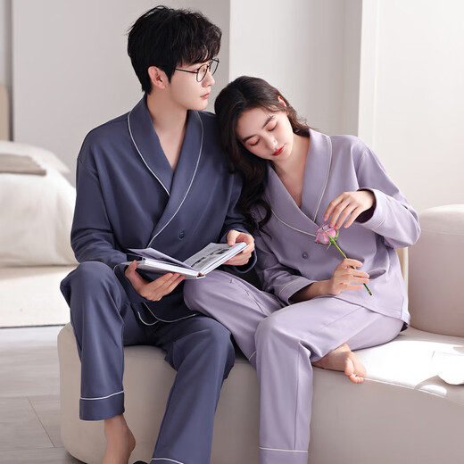 Victoria style couple pajamas for women, autumn pure cotton long sleeves, one man and one woman, couple home wear, can be worn outside, spring and autumn casual suit, female 8691 purple L